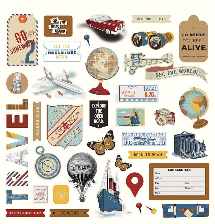 an assortment of travel stickers on a white background with words and pictures around them