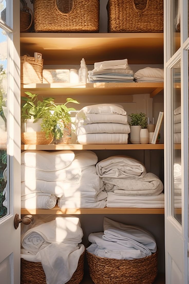 an open closet filled with lots of white towels