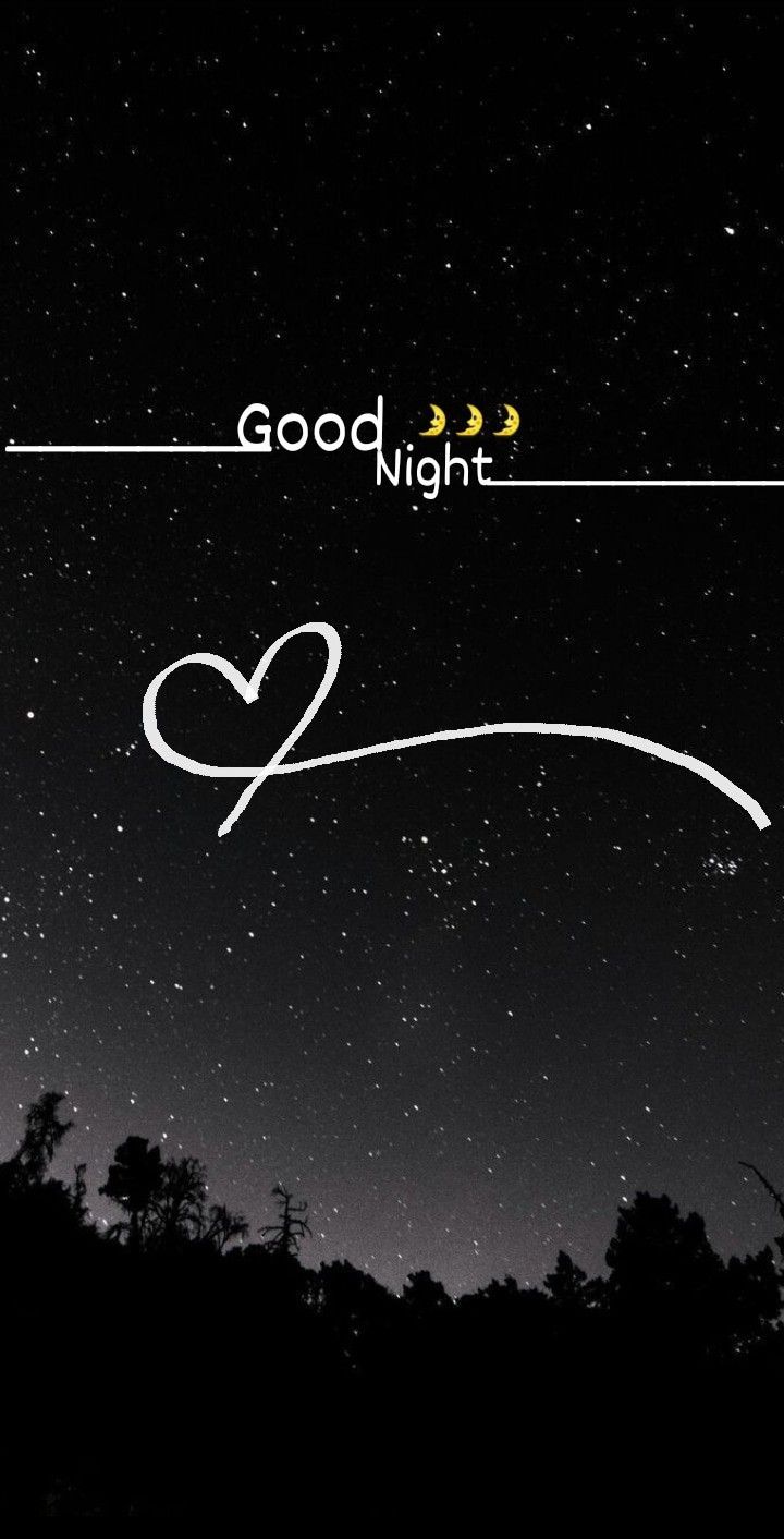 the words good night are written in white on a black background with trees and stars