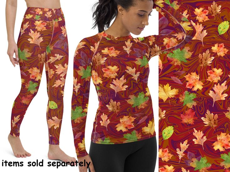 Thanksgiving fall autumn oak maple tree leaves pattern yoga and regular workout leggings, capris pants, shorts, long sleeve rash guard shirt for active women. (Items Sold Separately). Very soft, smooth and comfortable premium quality athletic bottoms. Great for running, marathons, workout, gym, exercise, or as a comfortable everyday wear. Sizes available: XS - XL. Yoga plus size leggings available: 2XL - 6XL. Makes a great gift! Give thanks! Pattern: fall leaves on liquid marble pattern  All ite Thanksgiving Costume, Costume Women, Plus Size Leggings, Active Wear Outfits, Cosplay Outfits, Active Women, Rash Guard, Outfits With Leggings, Costumes For Women