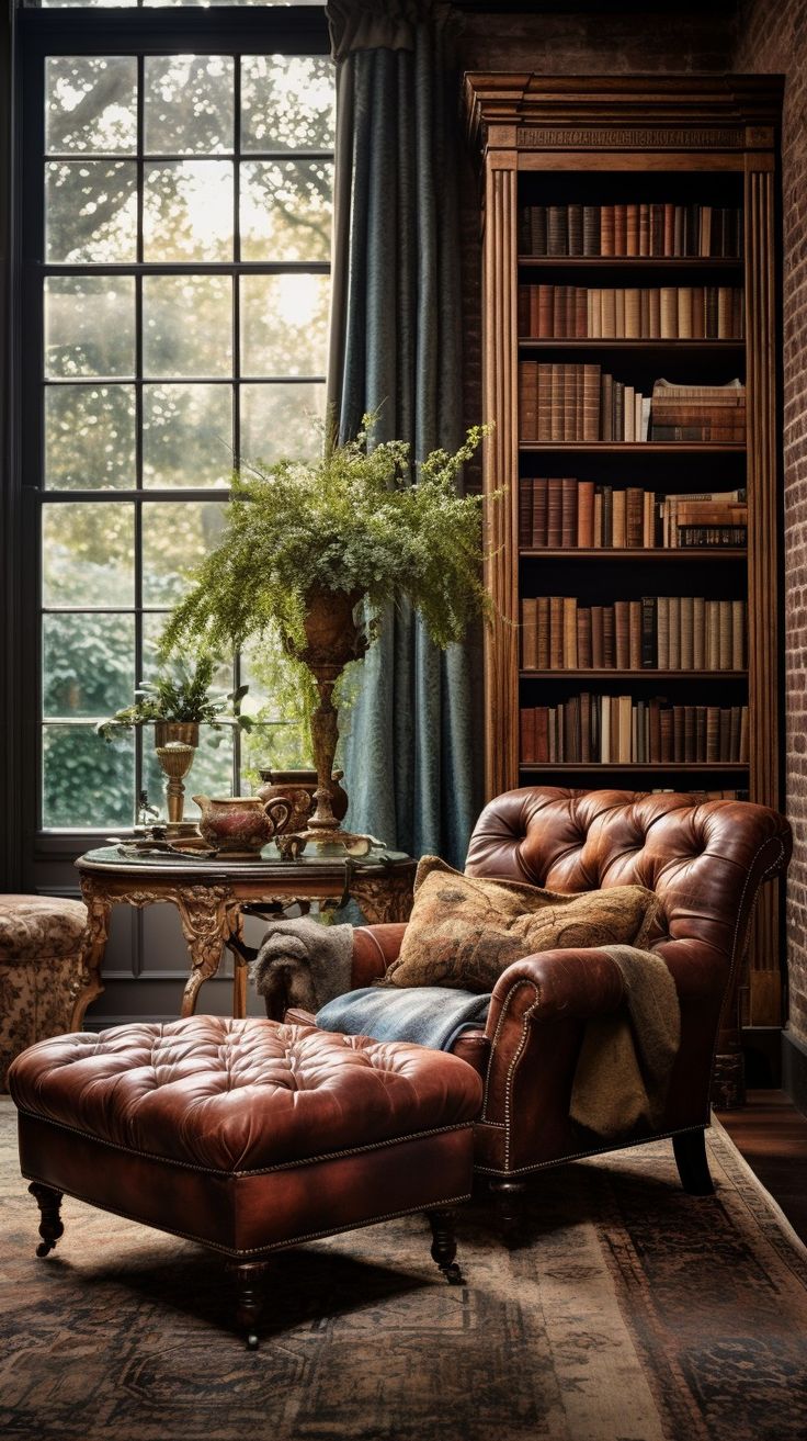 Reading Room Decor Ideas | Reading Room Decor Small Office Tall Ceilings, Parlor Ideas Living Rooms, Den Library Ideas, Antique Library Room, Dark Academia Reading Chair, Old Money Game Room, Moody Eclectic Decor Living Room, Dark Academia Reading Room, Library At Home Room Ideas