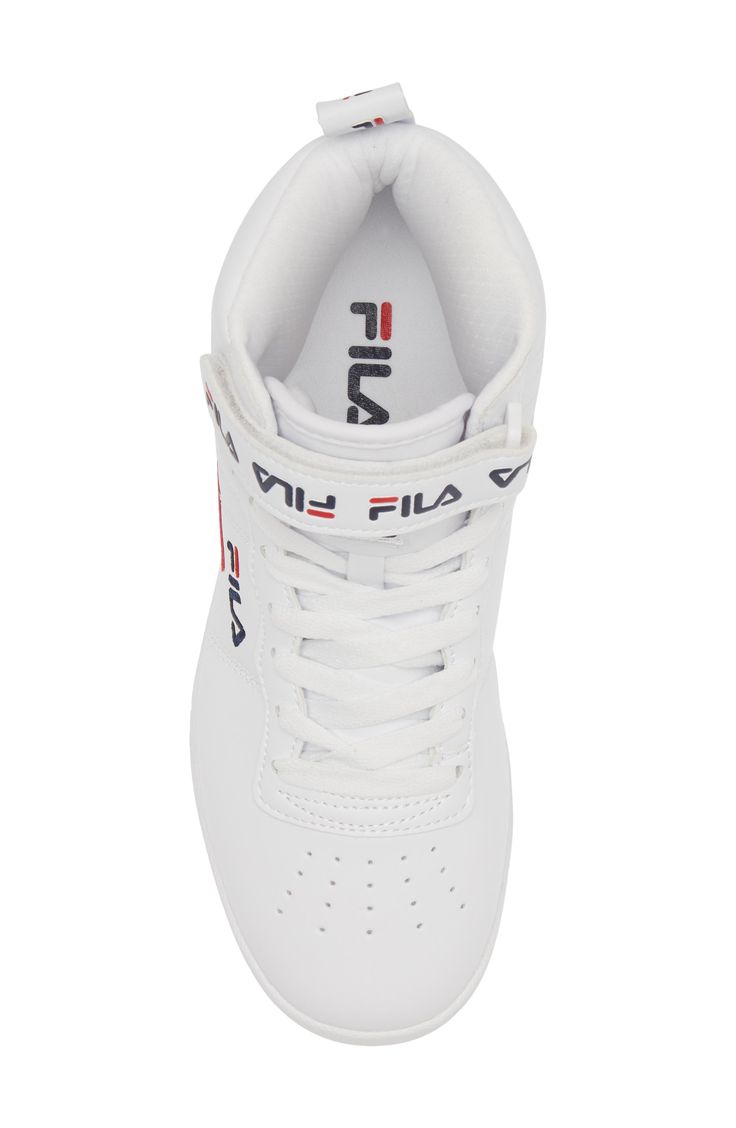 Show off basketball-inspired style in this high-top sneaker constructed with a hook-and-loop strap closure, comfortably padded collar and grippy sole. Lace-up style; hook-and-loop closure Textile and synthetic upper/textile lining/synthetic sole Imported Sporty High-top Sneakers With Embossed Logo, Sports Basketball Shoes With Embossed Logo, Basketball Shoes With Embossed Logo And Round Toe, Sporty High-top Skate Shoes With Embossed Logo, White High-top Basketball Shoes With Embossed Logo, Sporty Lace-up Basketball Shoes With Embossed Logo, White Sporty Basketball Shoes With Embossed Logo, Casual Synthetic Sneakers With Hook And Loop Closure, Low-top Velcro Sneakers In Synthetic Material