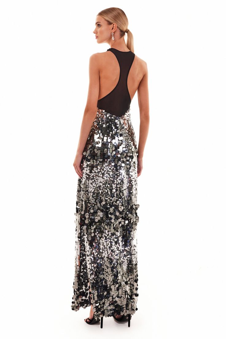 Glamorous Sequin Maxi Dress For Party Season, Sequined Maxi Dress For Party, Maxi Length Sequin Dress For Gala Party Season, Glamorous Floor-length Maxi Dress For Gala, Glamorous Sequin Maxi Evening Dress, Long Sequin Dress For Party Season, Glamorous Long Sequin Party Dress, Glamorous Sequined Maxi Dress, Glamorous Floor-length Sequin Dress With Contrast Detail