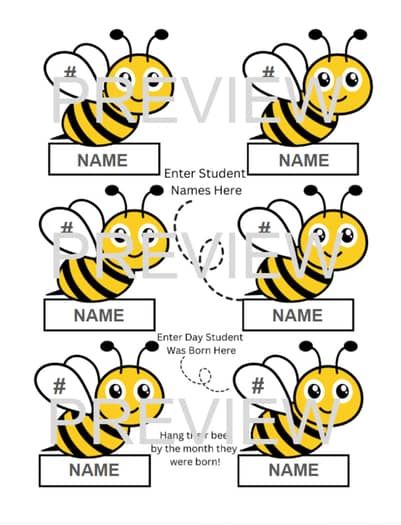 four bees with name tags on them and the names in each bee's body