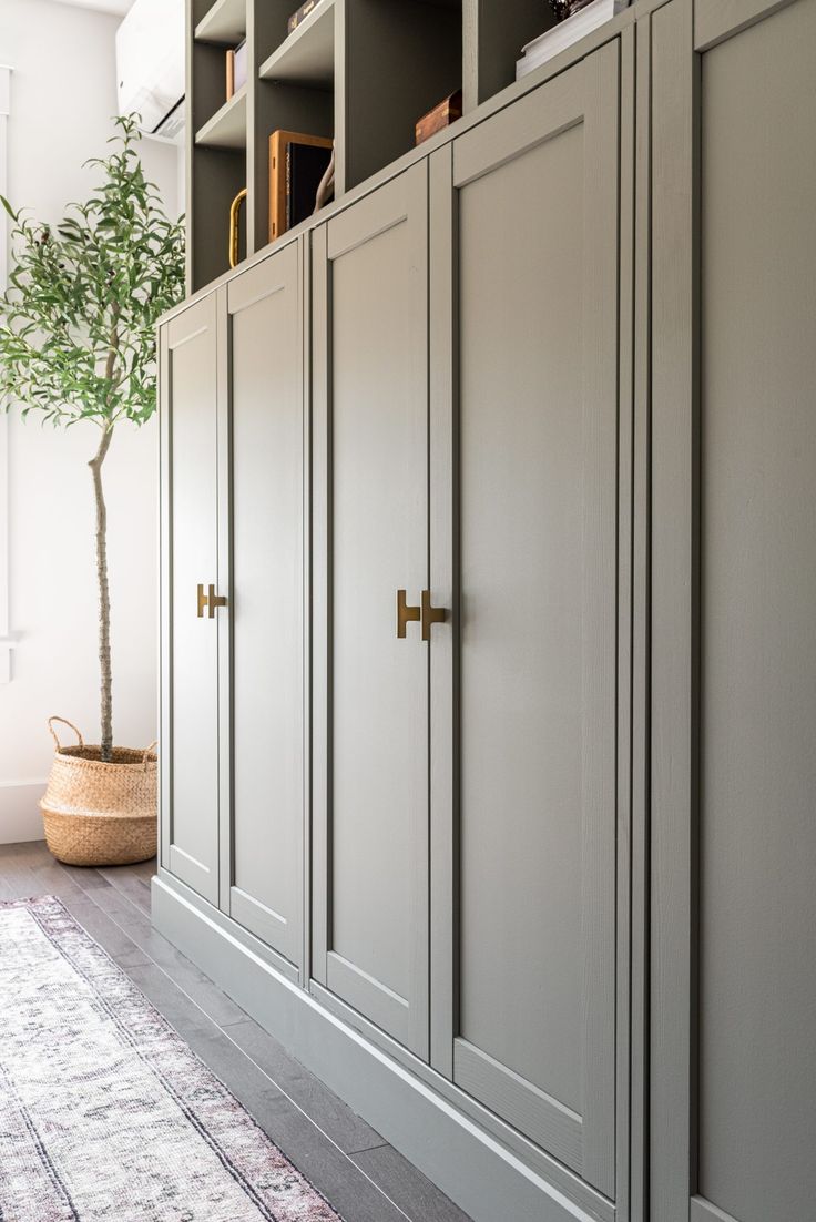 a living room with gray cabinets and a potted plant