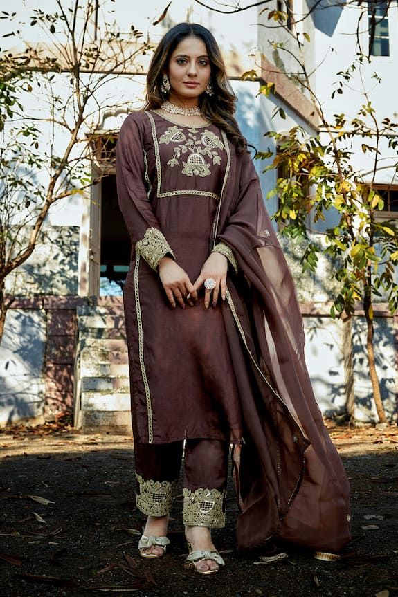 Brown kurta with maharani dori embroidery. Comes with organza dupatta and dori embroidered hem pant. - Aza Fashions Summer By Priyanka Gupta, Dori Embroidery, Embroidered Hem, Kurta Set For Women, Satin Hands, Luxury Sale, How To Hem Pants, Organza Dupatta, Satin Color