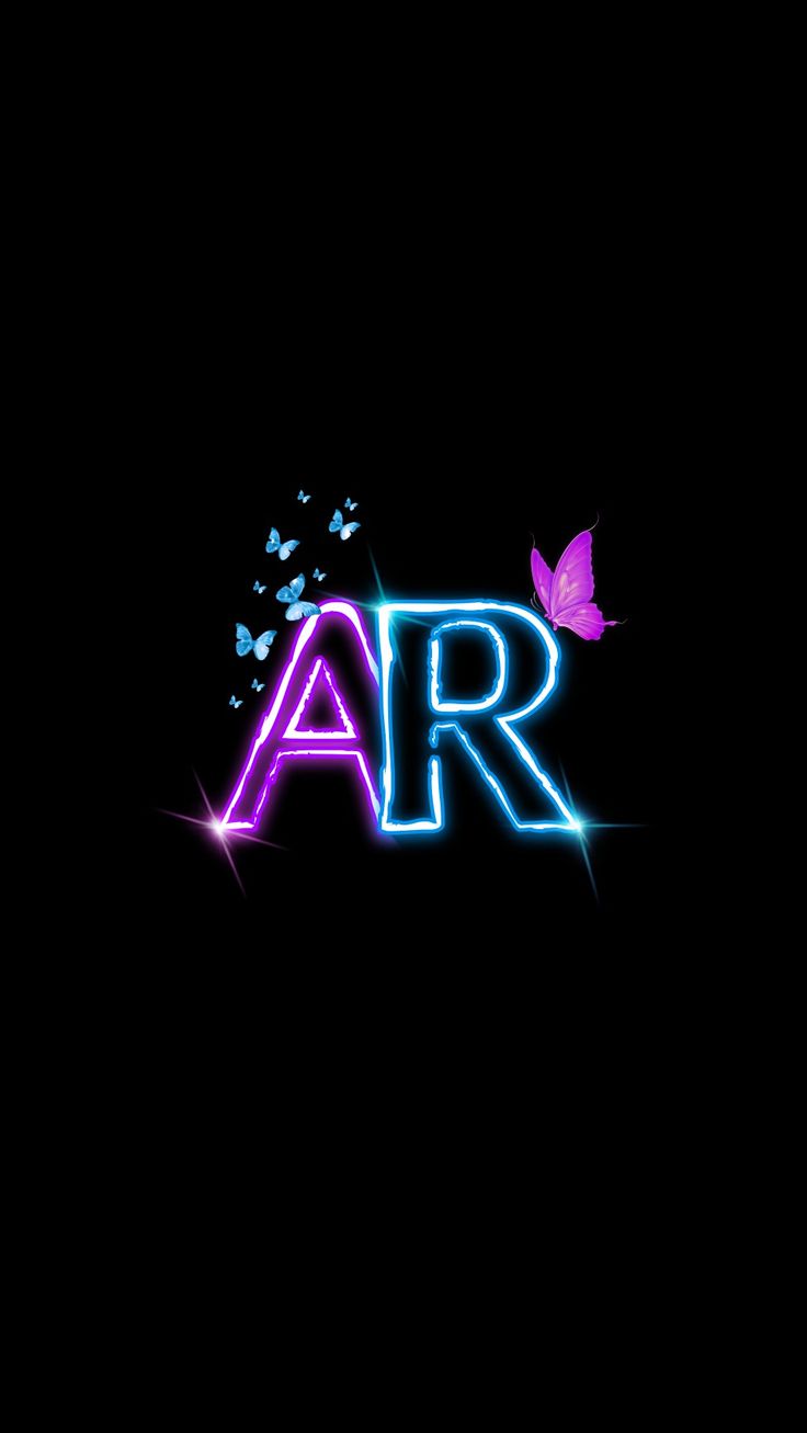 the word ar is illuminated in blue and pink with butterflies flying around it on a black background