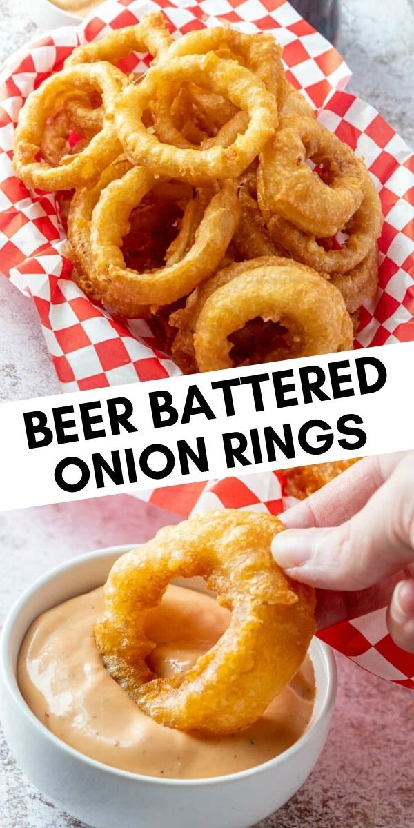 beer battered onion rings in a bowl with dipping sauce on the side, and then being dipped