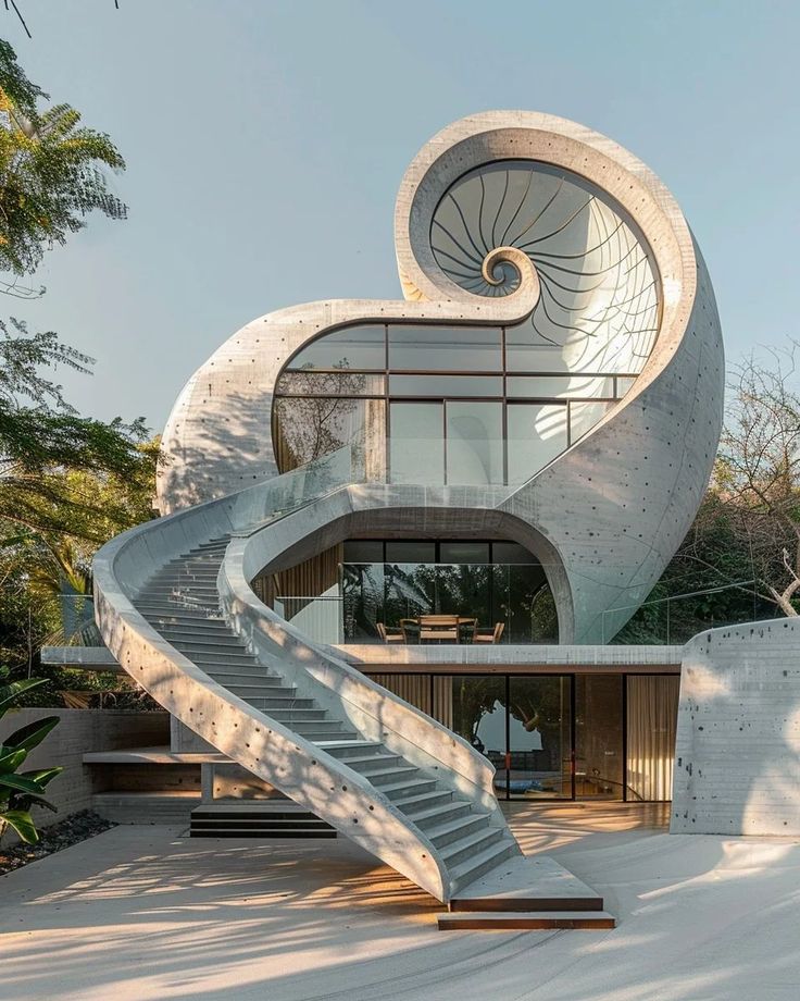 an unusual house with stairs leading up to it