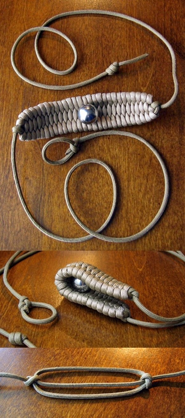 three different angles of an object on a wooden table with ropes and beads attached to it