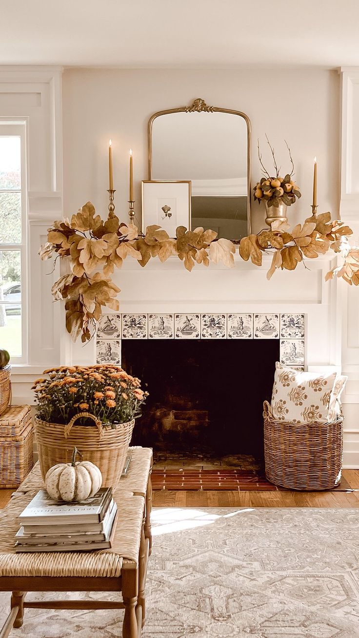 a living room filled with furniture and a fire place in front of a mirror on the wall