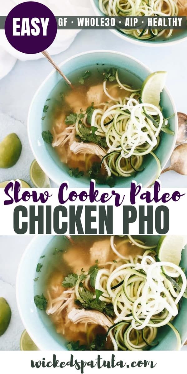 two bowls of slow cooker paleo chicken pho with avocado and cilantro