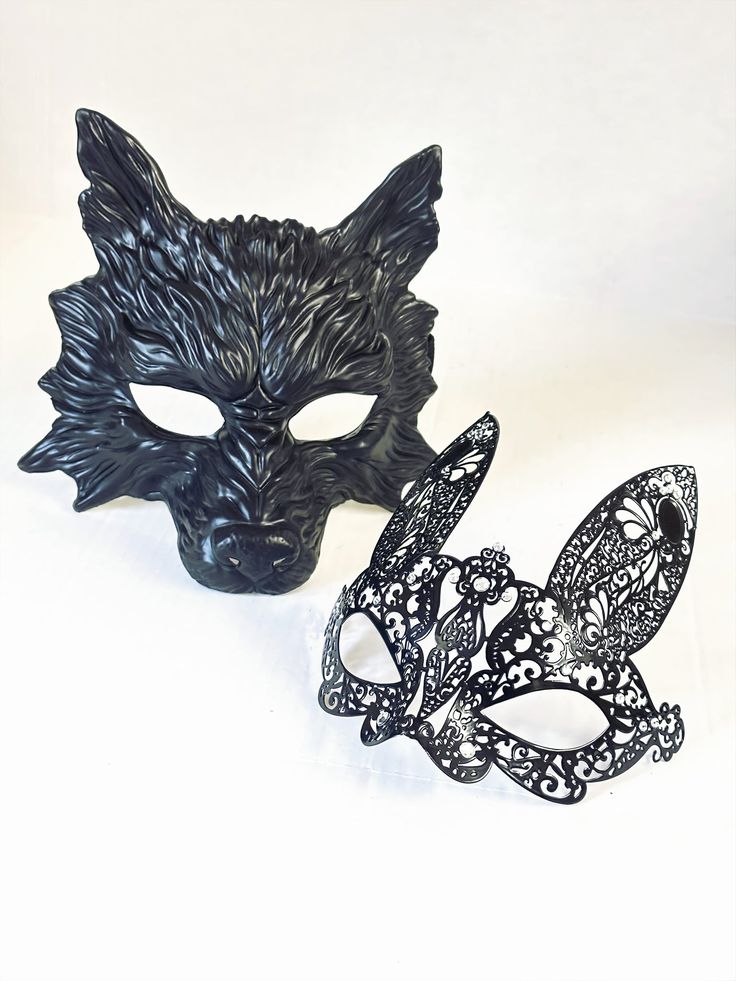 Unleash your wild and whimsical sides as you wear these stunning black wolf and bunny masquerade masks, perfect for a night of magic and romance! The women's bunny mask features rhinestone embellishments to add that special sparkle. Our masks are lightweight and comfortable, so you will be able to wear them all day long!


Age Group/Gender - Adult/Unisex

Size/Type - One size fits all adults

Mask Color - Black

Mask Material - Wolf: Plastic. Bunny: Metal.

Accent Material - Paint

Special Featu Black Novelty Masks For Carnival, Novelty Black Masks For Carnival, Novelty Black Party Masks, Novelty Eye Mask For Parties, Novelty Eye Mask For Party, Bunny Masquerade Mask, Wolf And Bunny, Masquerade Mask Black, Couples Masquerade Masks