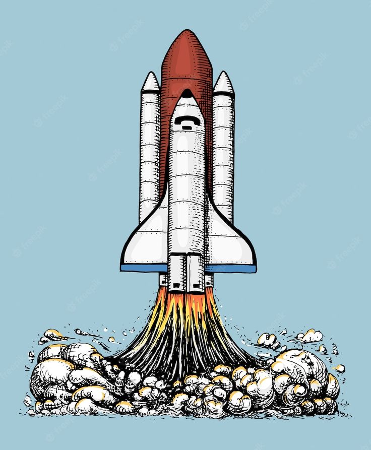 a drawing of a rocket launching into the sky