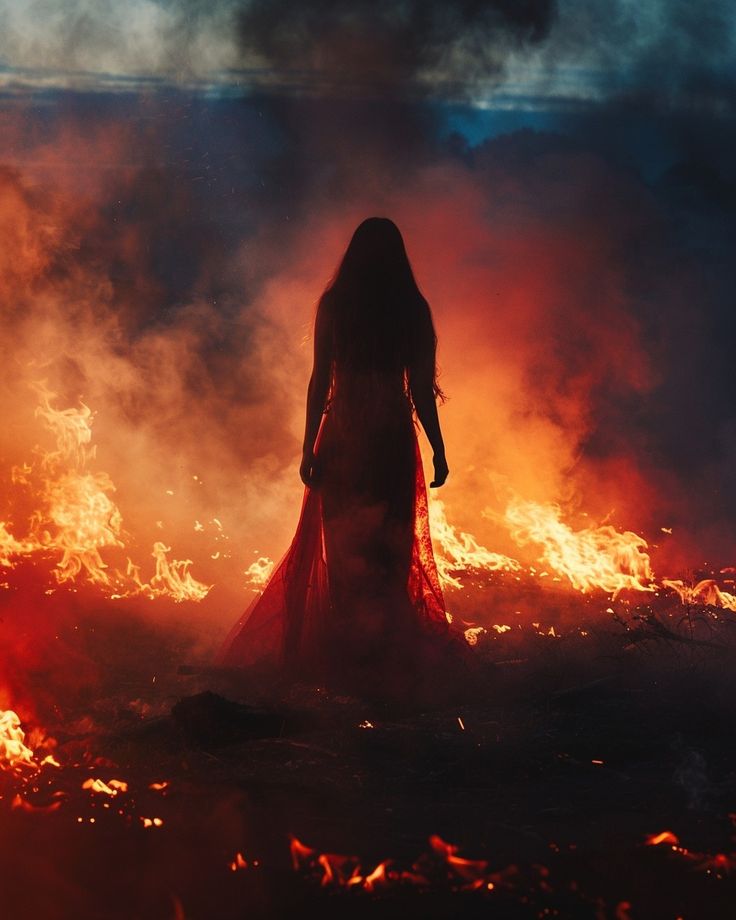 a woman standing in front of a fire