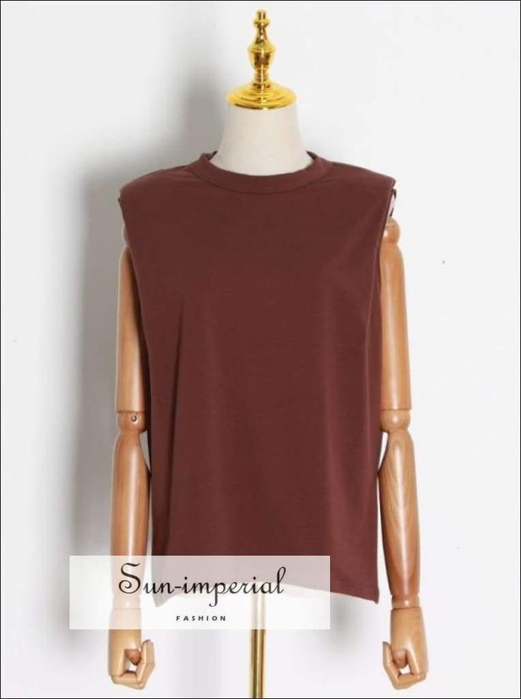 Women Brown Padded Shoulder Muscle Sleeveless Casual top Trendy Sleeveless Brown Top, Brown Vest Top For Summer, Brown Summer Vest Top, Trendy Brown Vest For Summer, Trendy Brown Summer Vest, Brown Sleeveless Cotton Top, Sleeveless Brown Cotton Top, Brown Crew Neck Tank Top For Summer, Summer Brown Crew Neck Tank Top