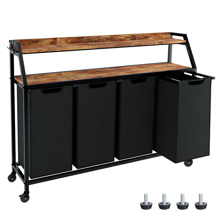 three black bins and a wooden shelf on wheels with four smaller bins underneath it