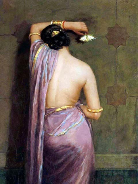 a painting of a woman in a sari with her hair pulled back and hands on her head