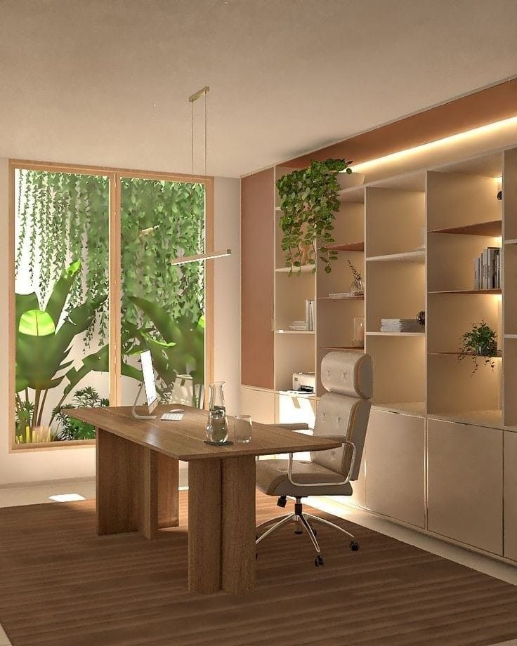 a room with a desk and shelves filled with plants