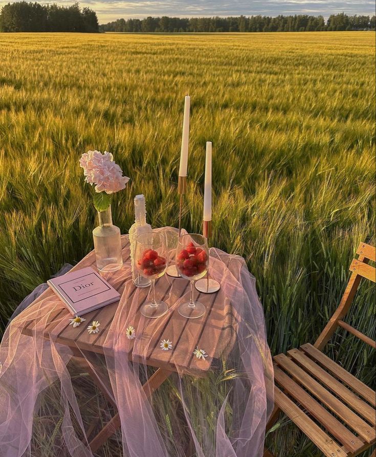 two glasses of wine on a table in the middle of a field