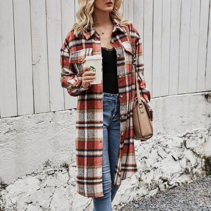 Plaid Pattern Button Down Double Pocket Long Coat Shacket -Plaid Pattern -Double Pockets -Button Down -Loose Fit S 4 M 6 L 8/10 Xl 12 Find More Boho, Western, Wedding, Country, Cottage Core, Y2k, Leather, Date Night, Holiday, Party, Fall, Winter, Summer Attire, Retro, Wedding And Wedding Guest Outfit In My Closet. Oversized Orange Outerwear For Work, Orange Single Breasted Long Sleeve Outerwear, Orange Single-breasted Long Sleeve Outerwear, Oversized Casual Orange Outerwear, Casual Oversized Orange Outerwear, Orange Long Sleeve Outerwear With Button Closure, Spring Plaid Shacket With Button Closure, Casual Orange Oversized Outerwear, Casual Button-up Outerwear With Double Button Closure