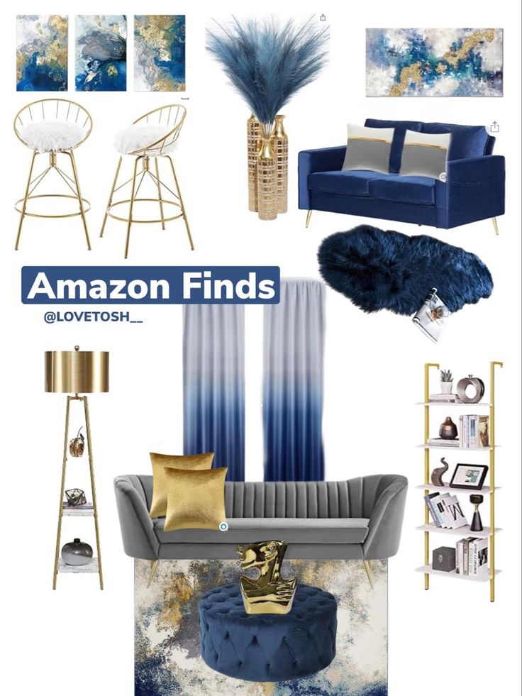 a blue and gold living room with furniture