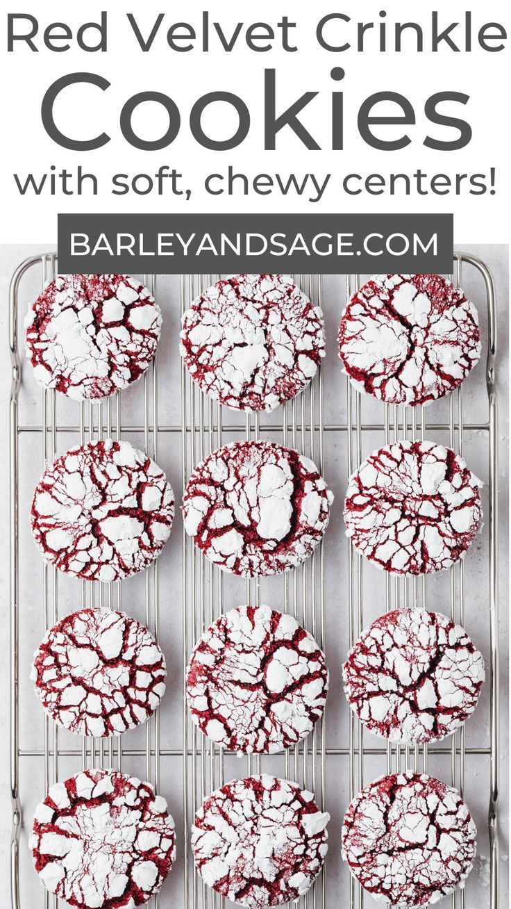 red velvet crinkle cookies with soft, chewy centers on a cooling rack