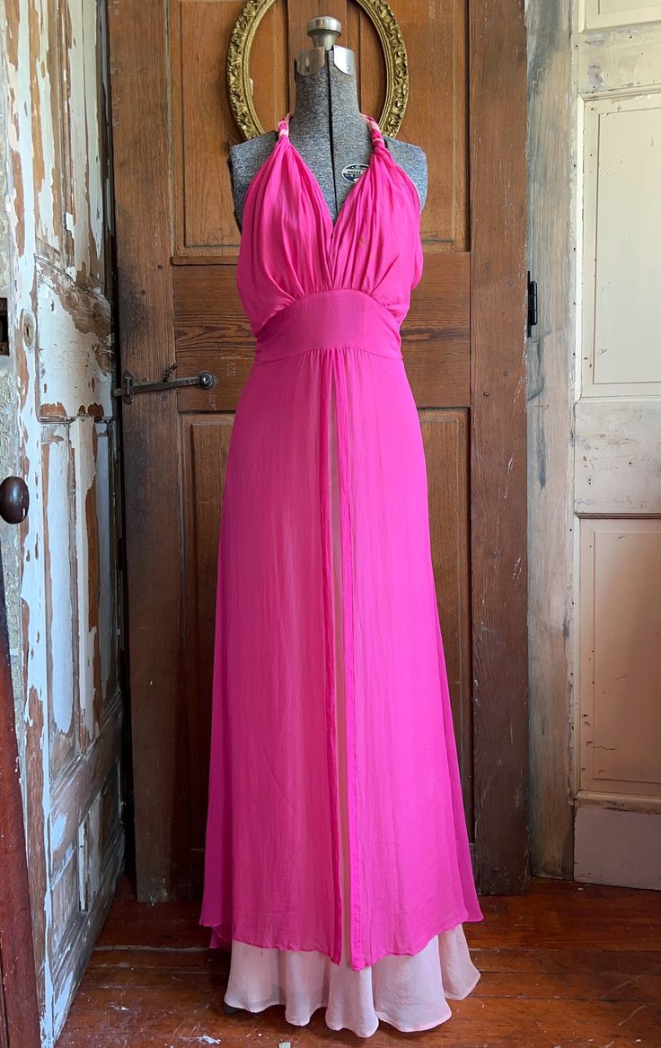 "Vintage 1930s chiffon gown, halter neck pink dress, 1940s, old Hollywood glam Absolutely gorgeous sweeping fuchsia chiffon gown; inside layer is a light pink liquid satin slip dress lining with a longer layer of light pink chiffon underneath the bright fuchsia pink outer layer of chiffon. Small buttons up the low back with hook and eye closures. Plunging V neckline and double pink chiffon halter neck.  Overall this gown is in good vintage condition, especially considering its age. The dark pink Pink Fitted Halter Dress For Evening, Chic Pink Halter Dress For Wedding, Pink Backless Halter Dress For Evening, Pink Halter Neck Formal Evening Dress, Pink Backless Halter Dress For Formal Events, Formal Pink Halter Neck Evening Dress, Pink Fitted Halter Dress For Wedding, Pink Halter Maxi Dress For Evening, Pink Halter Neck Dress For Evening