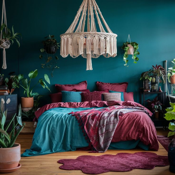 a bedroom with teal walls and pink bedding, plants on the wall and a chandelier hanging from the ceiling