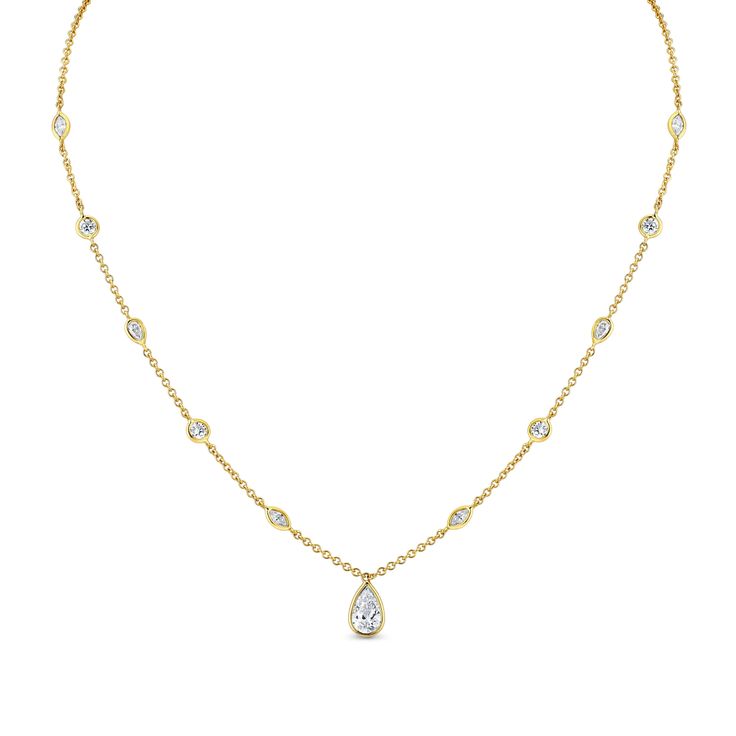 Experience sophistication with our Certified 18k Station Necklace adorned by a stunning Pear Shape Diamond Pendant. Crafted in luxurious 18k gold, this pendant features a captivating pear-shaped diamond certified for its brilliance and quality. The timeless design of this necklace exudes elegance and grace, perfect for any occasion. Luxury Pear Shaped Necklace With Halo Setting, Pear Shaped Diamond Pendant Necklace, Luxury Timeless Solitaire Teardrop Necklace, Luxury Gold Teardrop Pendant Necklace, Luxury Classic Marquise Cut Necklace, Timeless Pear-shaped Diamond Necklaces, Elegant Pear-shaped Diamond Drop Necklace, Elegant Pear Shaped Drop Necklace With Brilliant Cut, Elegant Pear-shaped Drop Necklace With Brilliant Cut