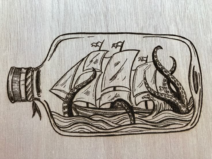 a drawing of an octopus attacking a ship in a bottle