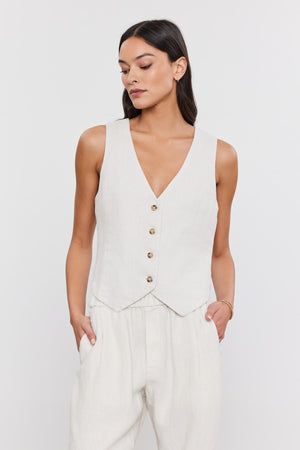 MYLIE HEAVY LINEN BUTTON FRONT VEST Sleeveless Linen Vest For Daywear, White Linen Vest For Workwear, Casual Everyday Linen Vest, White Linen Casual Vest, Elegant Linen Tank Top For Work, Classic Linen Vest For Work, V-neck Linen Vest For Workwear, Summer Linen Vest For Layering, Classic Neutral Linen Tops