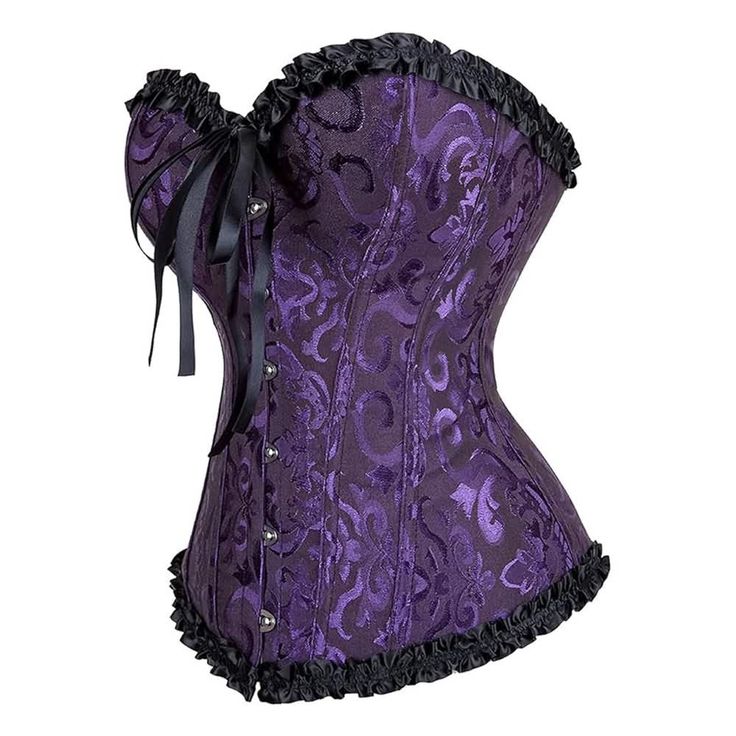 Elevate your fashion with our Purple Gothic Ruffle Trim Overbust Corset. This hourglass-shaped corset, made from a blend of luxurious polyester and spandex, features a stunning purple hue and delicate black ruffle trim. Complete with an eyelet lace-up tie back for added sophistication, it's a must-have addition to any wardrobe for a stylish look. Hourglass-shaped silhouette Luxurious polyester and spandex blend Stunning purple hue with delicate black ruffle trim Eyelet lace-up tie back for added White Bustier Top, Purple Gothic, Purple Corset, White Bustier, Victorian Corset, Tutu Skirts, Corset Tops, Blue Corset, Pink Corset