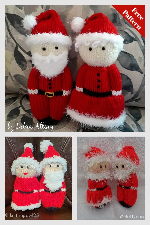 crocheted santa claus and snowmen are shown in three different pictures, including one with