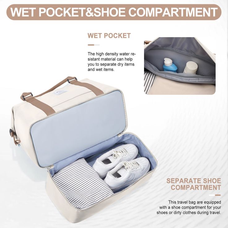 an open suitcase with shoes in it and the words wet pockets & shoe compartment written below