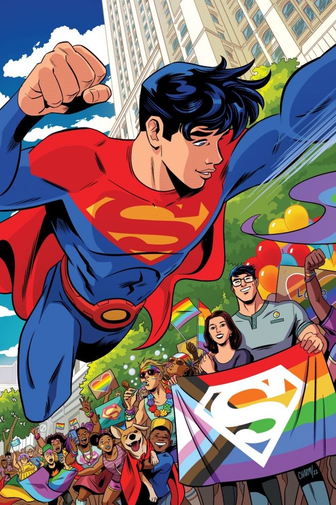 superman is flying through the air with his arms in the air while surrounded by people