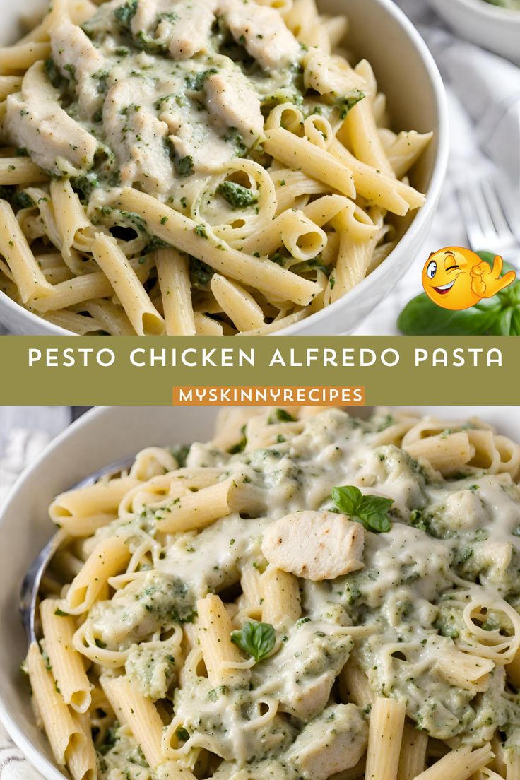 two bowls filled with pasta covered in pesto chicken alfredo sauce and garnished with parsley