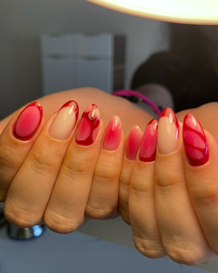 swipe for the zoomIN👉🏼 these aura sets are taking over the feeed👀🍒 . Service: Gel overlay + art . . . Femme Nails (Gel extensions, aura nails, red nails, gel extensions, gel nails, gel overlays, vacation nails, nail art, trending nails, mumbai) Aura Nails Red, Nails Gel Extensions, Red Aura Nails, Red Nails Gel, Nail Art Trending, Red Aura, Hoco Nails, Aura Nails, Purple Aura