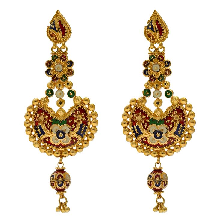 Add this vibrant Indian bridal jewelry set to your gown for your most important day! The Meenakari print made from colorful enamel brings a rich look of cultural egenace to this 22k gold jewelry design. Features • 22k yellow gold • Enamel • Meenakari print • BeadingVirani Jewelers bridal jewelry made from 22k gold brings together the beauty and significance of Indian culture and traditions. Find more beautiful 22k gold Indian bridal jewelry like this Meenakari jewelry set on our website.Specific Ceremonial 22k Gold Meenakari Jewelry, Ceremonial 22k Gold Multicolor Jewelry, Traditional Yellow Gold Jewelry With Meenakari, Traditional 22k Gold Meenakari Jewelry, Traditional Meenakari Yellow Gold Jewelry, Ornate Meenakari Chandbalis For Festivals, Yellow Gold Meenakari Jewelry For Ceremonial Use, Yellow Gold Meenakari Jewelry For Festivals, Yellow Gold Meenakari Jewelry For Ceremonial Occasions