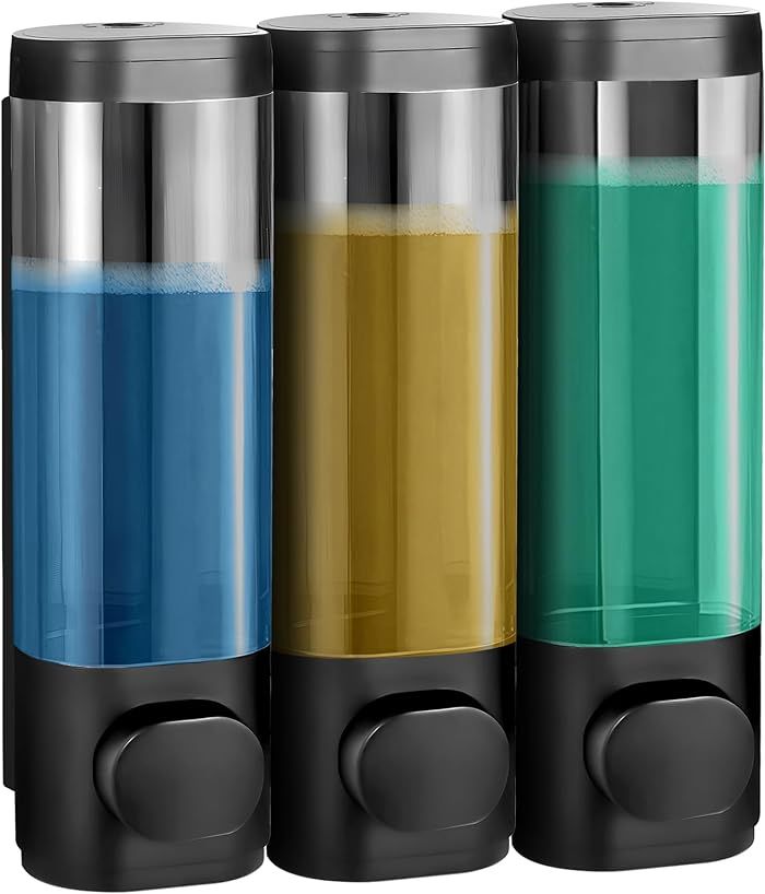 three different colored containers are stacked on each other in the same row, one is black and one is blue