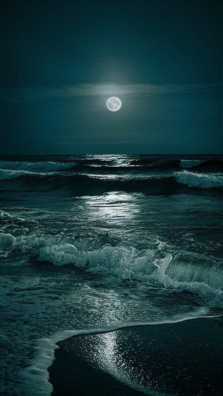 the full moon is shining over the ocean and waves on the beach at night time