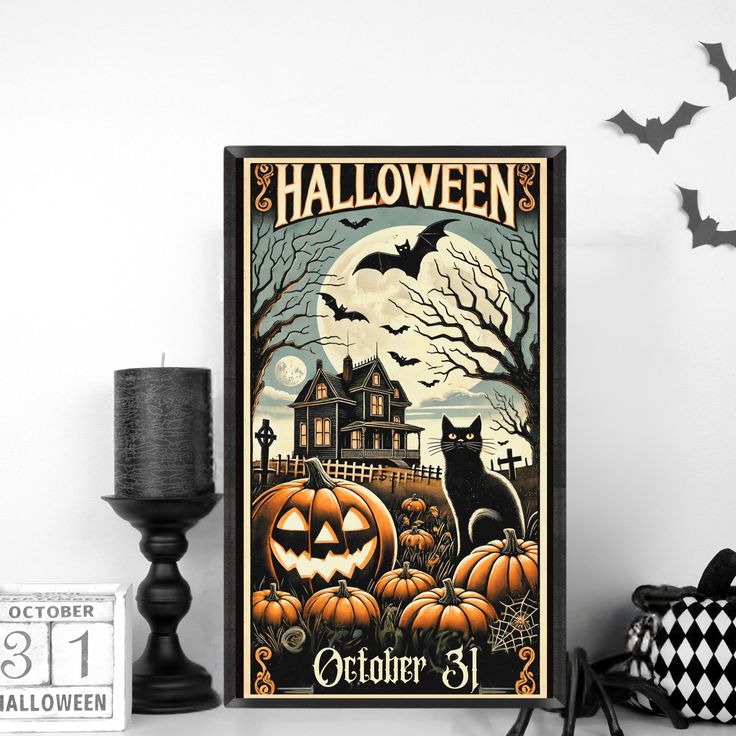 a halloween poster is on the wall next to a black candle and some pumpkins