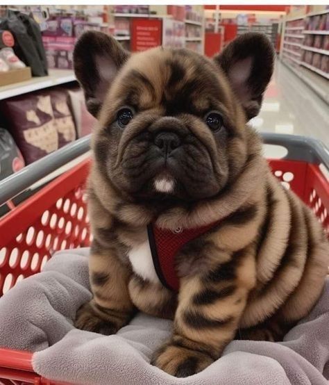 a puppy sitting in a shopping cart at a pet store with his head turned to the side