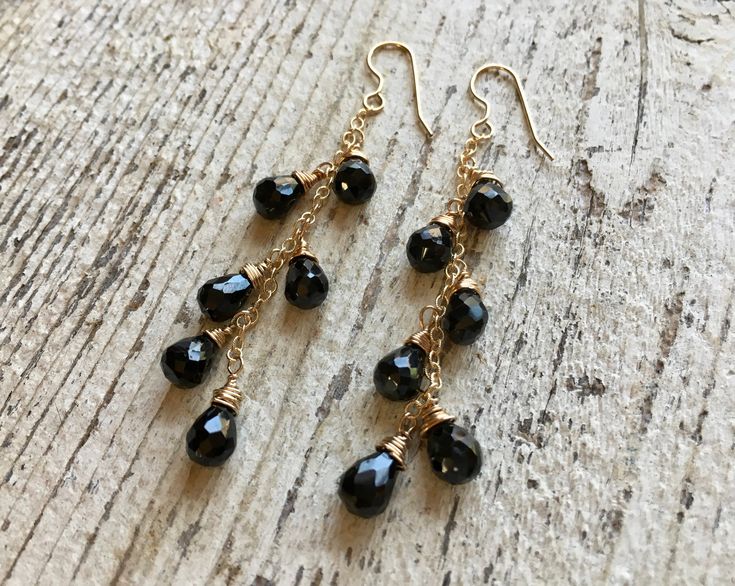 Gold filled dangle earrings wire wrapped with black onyx gemstones Black Dangle Linear Earrings, Nickel-free Black Long Drop Jewelry, Black Wire Wrapped Drop Earrings, Black Nickel-free Dangle Chandelier Earrings, Black Dangle Earrings, Handmade Dangle Earrings, Petite Earrings, Earrings Handmade Dangle, Earrings Wire