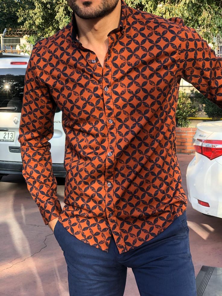 Bumb Slim-Fit Patterned Shirt Tile – BOJONI Formal Shirt Dress, Tile Color, African Shirts, Patterned Shirt, Fashion Suits For Men, African Wear, Street Style Inspiration, Color Code, Mens Street Style