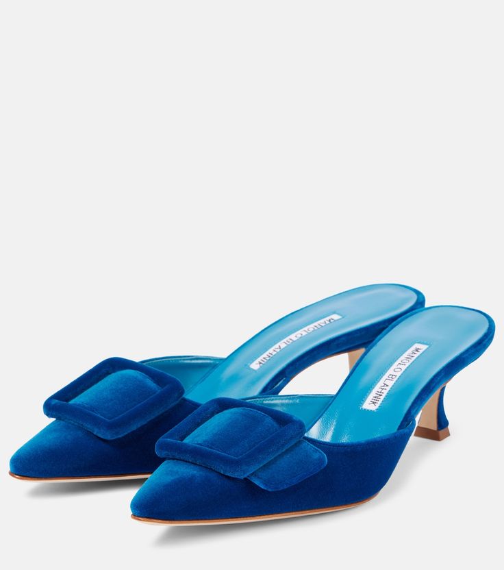 Maysale 50 velvet mules in blue - Manolo Blahnik | Mytheresa Manolo Blahnik Mules, Manolo Blahnik Maysale, Velvet Mules, Mid Heels Pumps, Manolo Blahnik Shoes, Evening Shoes, Mid Heel, Manolo Blahnik, Shoe Box