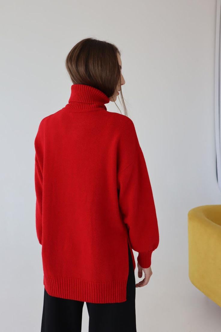 Sweater With Side Slits, Purple Pencil Skirt, Red Turtleneck Sweater, Red Sweater Dress, Wool Sweaters Womens, Woolen Sweaters, Red Turtleneck, Knit Pencil Skirt, Red Sweater