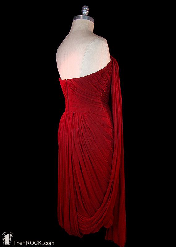 Jean Dessés dress vintage red silk chiffon goddess gown Formal Draped Evening Dress With Pleated Bodice, Evening Gown With Pleated Bodice And Draped Shape, Pre-draped Evening Gown, Vintage Formal Dress With Ruched Bodice, Pre-draped Cocktail Evening Dress, Evening Gown With Pleated Bodice And Pre-draped Style, Ruched Draped Evening Dress For Banquets, Vintage Evening Dress With Ruched Bodice, Pre-draped Cocktail Gown With Pleated Bodice