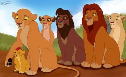 the lion king and his cubs are sitting in front of each other on a dirt road