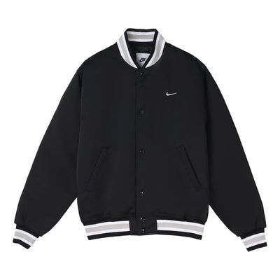 Nike DX0659-010 (Men's/Baseball/Colorblock) Black Casual Varsity Jacket For Game Day, Casual Black Varsity Jacket For Game Day, Black Varsity Jacket For Game Day In Winter, Sporty Varsity Jacket With Baseball Collar For Streetwear, Black Winter Varsity Jacket For Game Day, Black Outerwear For Game Day, Casual Black Outerwear For Game Day, Black Long Sleeve Outerwear For Game Day, Collegiate Black Varsity Jacket For Game Day